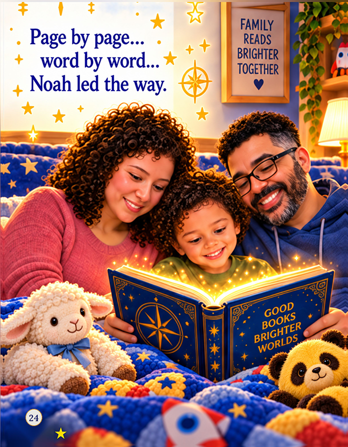 Original book artwork: Noah reading a glowing storybook with his mother and father in their cozy bedroom, surrounded by star-patterned blankets and toys.