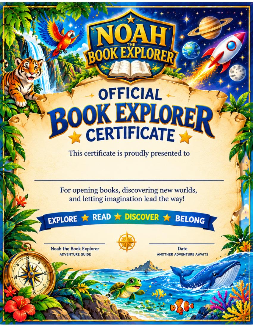 Official Book Explorer Certificate printable with a name line, jungle animals, ocean creatures, and stars