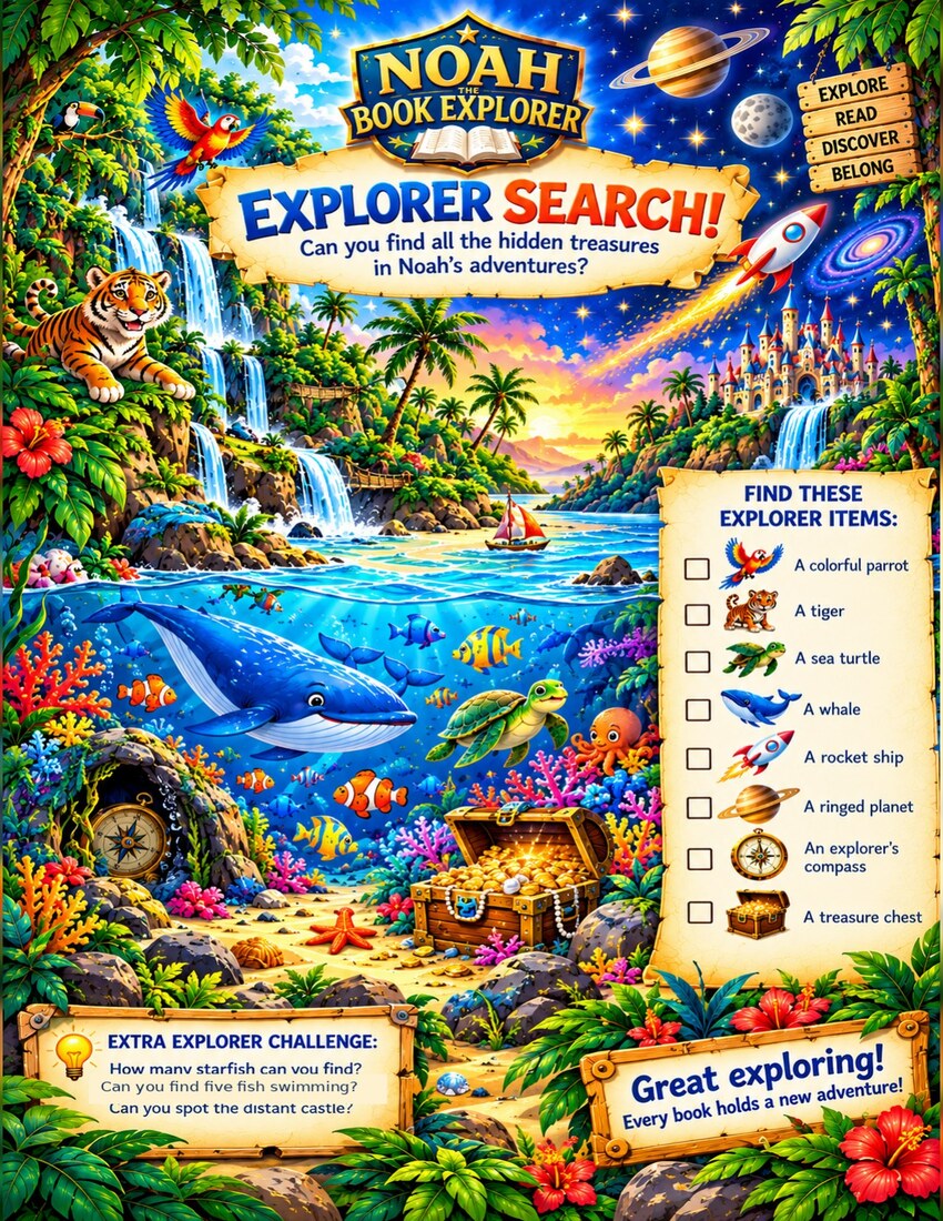 Noah's Explorer Search printable showing hidden treasures in a jungle, ocean, and outer-space adventure