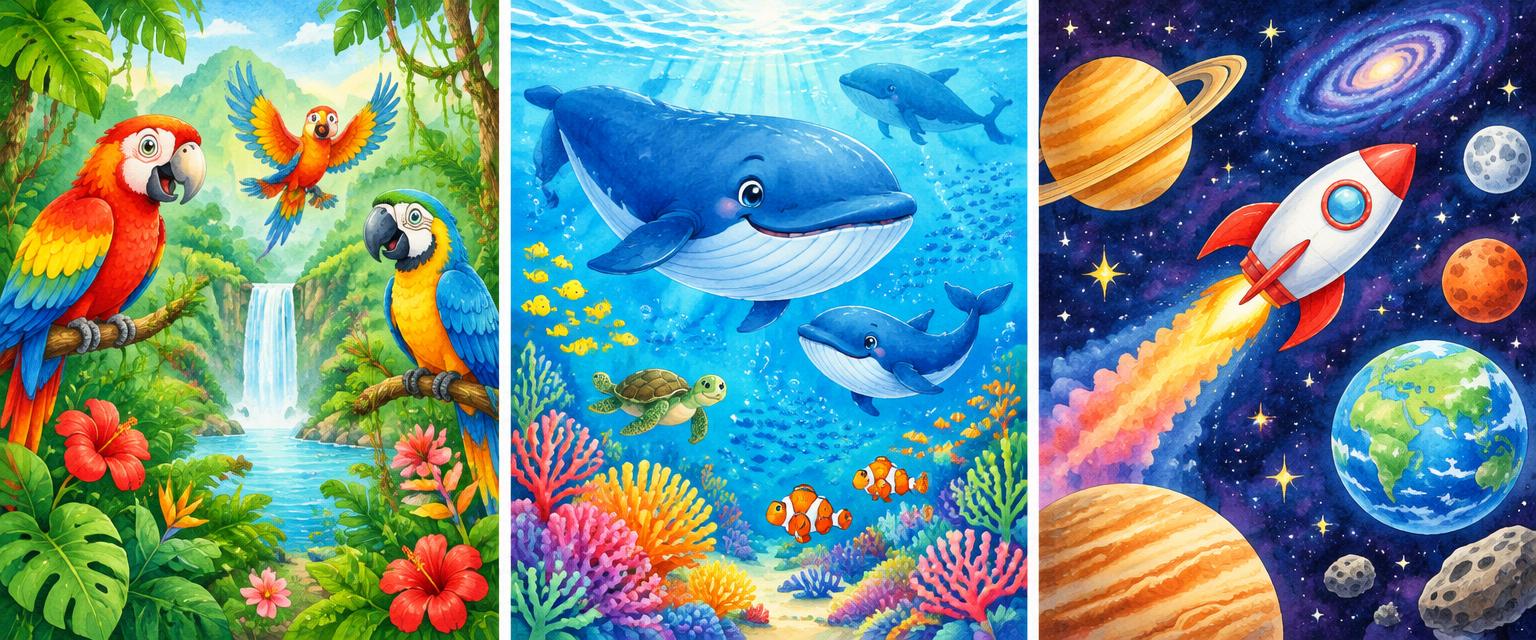 Colorful parrots and a waterfall in Noah’s jungle destination